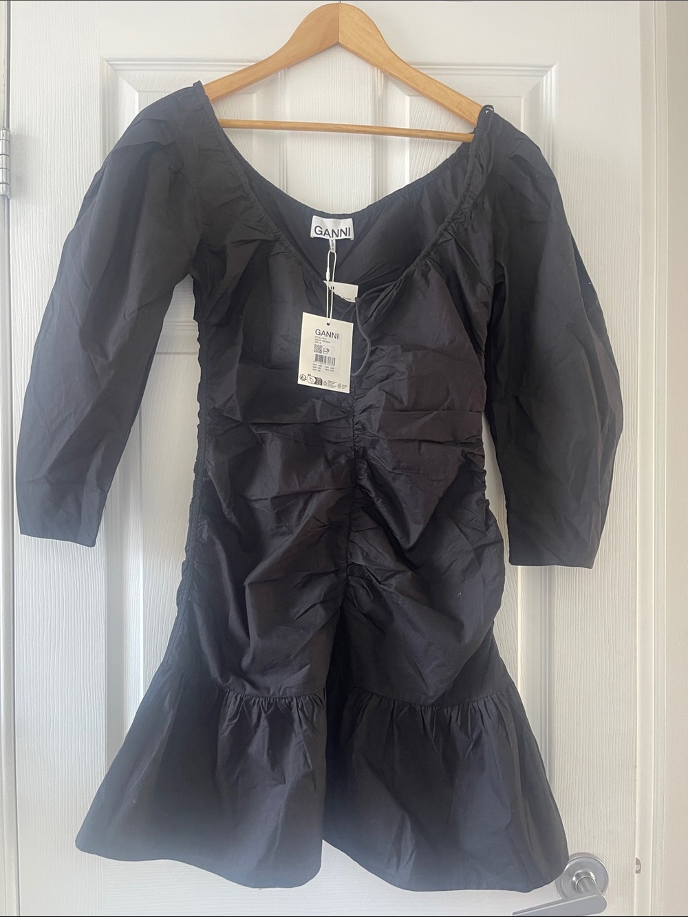 Ganni Black Ruched Puff-Sleeve Mini Dress